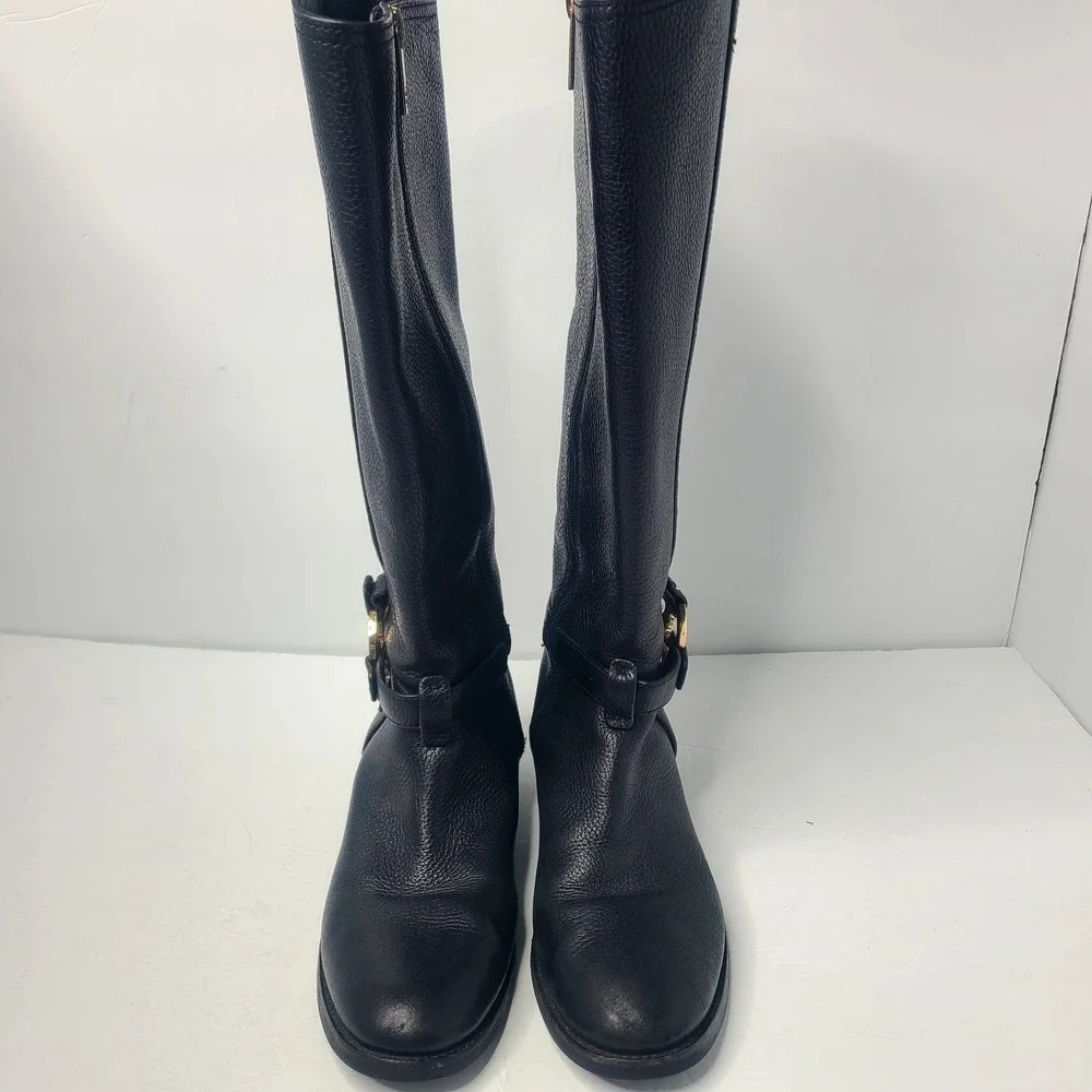 Tory Burch Amanda Medallion Riding Equestrian Tall Leather‎ Boots 8.5 M Black